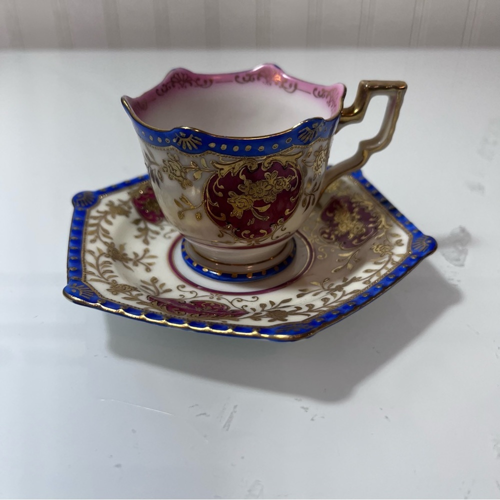 Japanese Ornate Gilt Porcelain Tea Cup & Saucer - Pink, Blue, Gold miniature - Picture 5 of 10